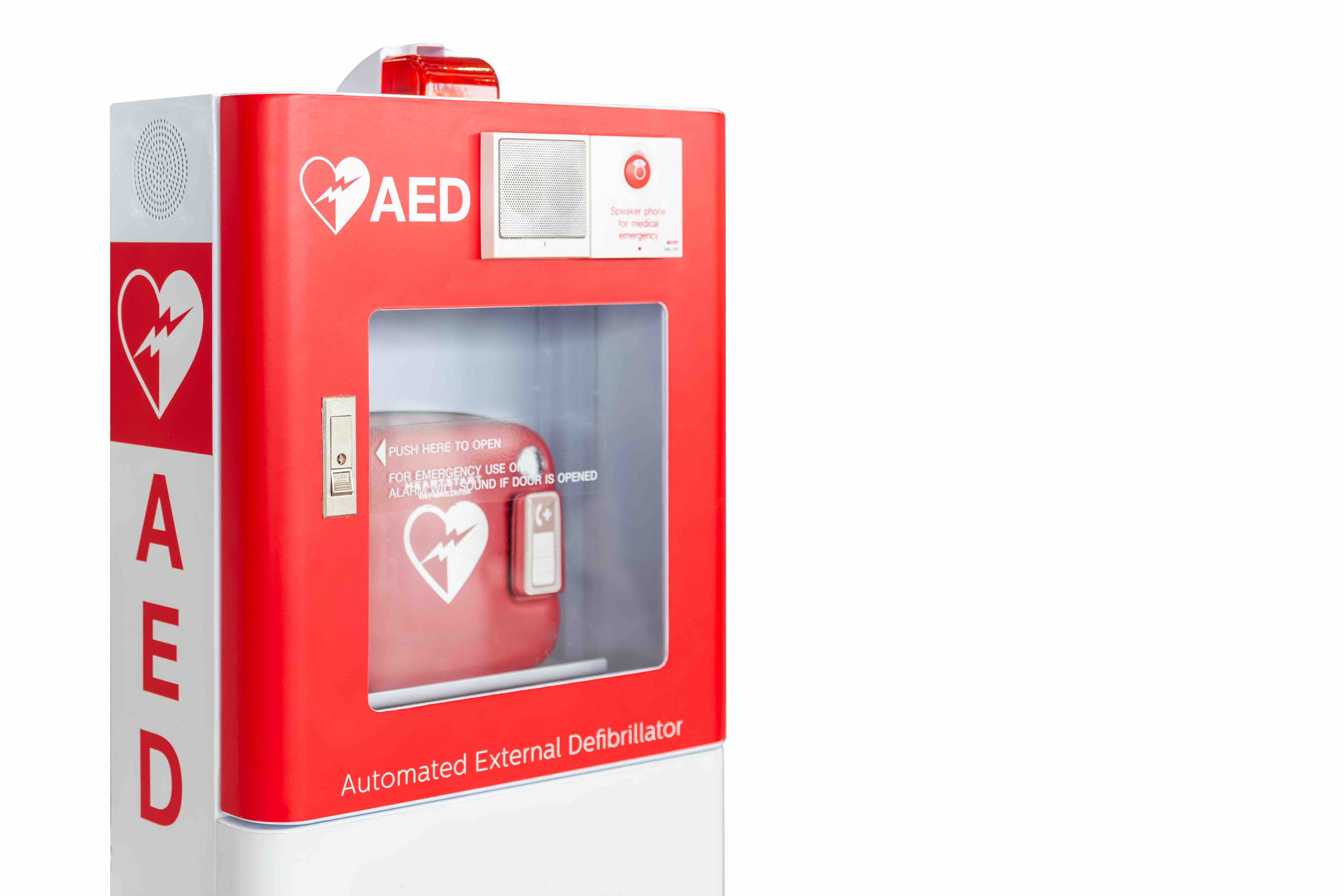 aed first aid kid red and white metal box