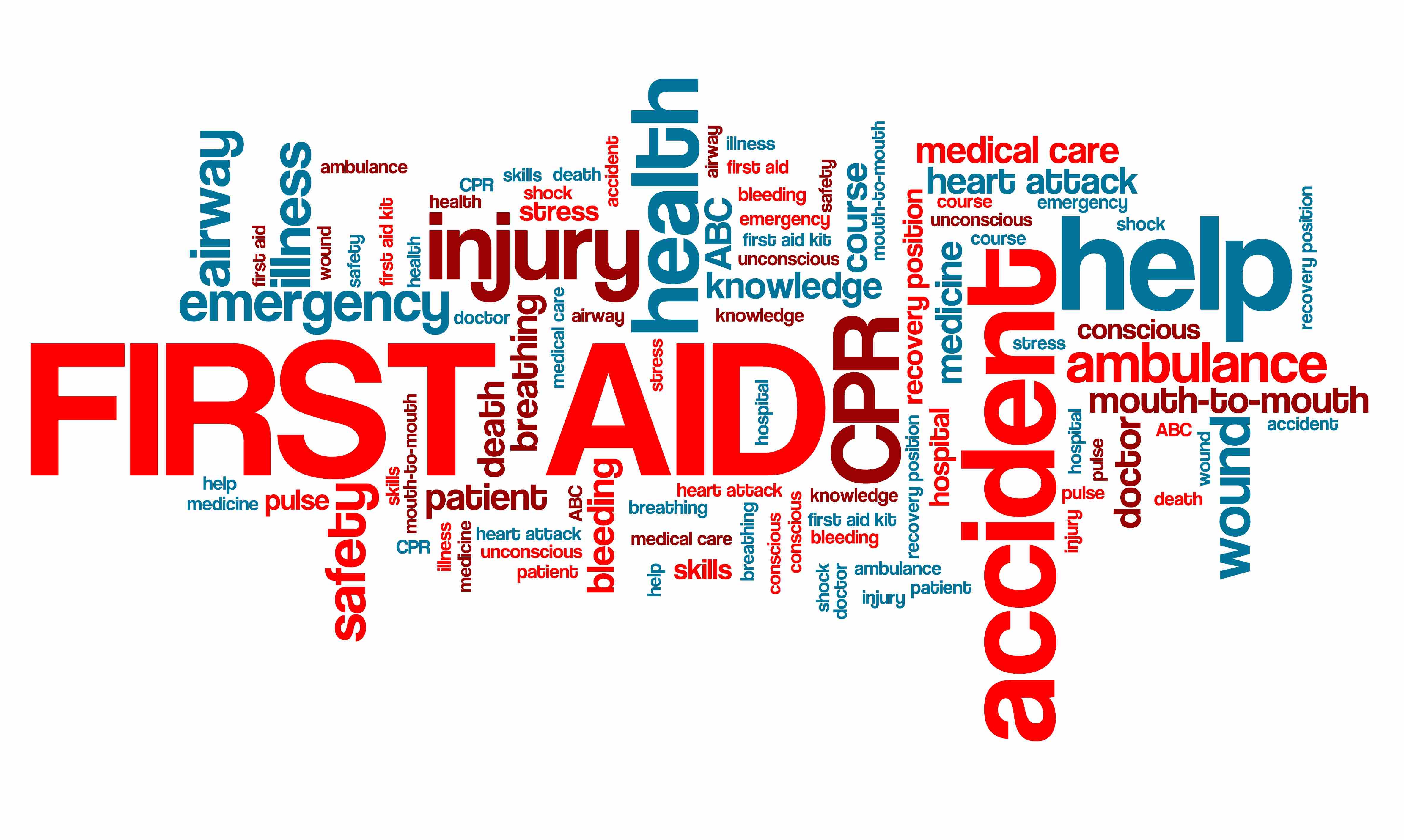 first aid & cpr related words and phrases in collage of words